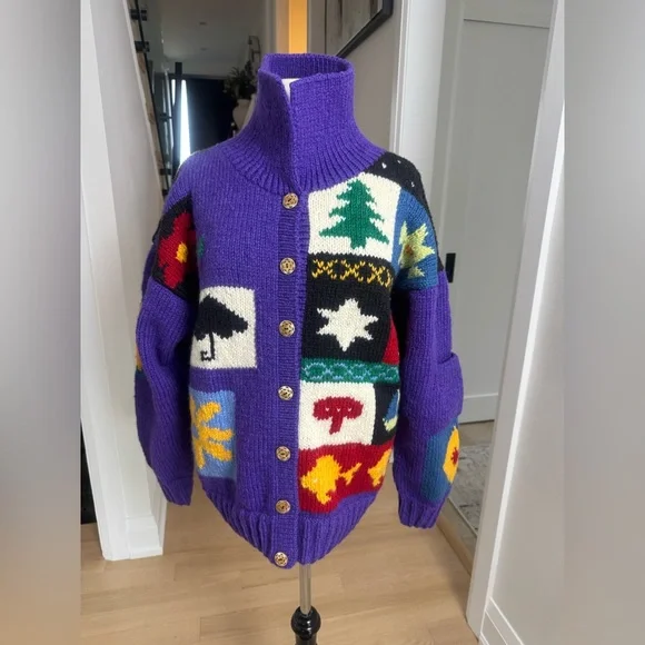 Motif Hand-Knit Wool Patchwork Cardigan  Jacket – Purple – Size M (New) - Picture 2 of 6